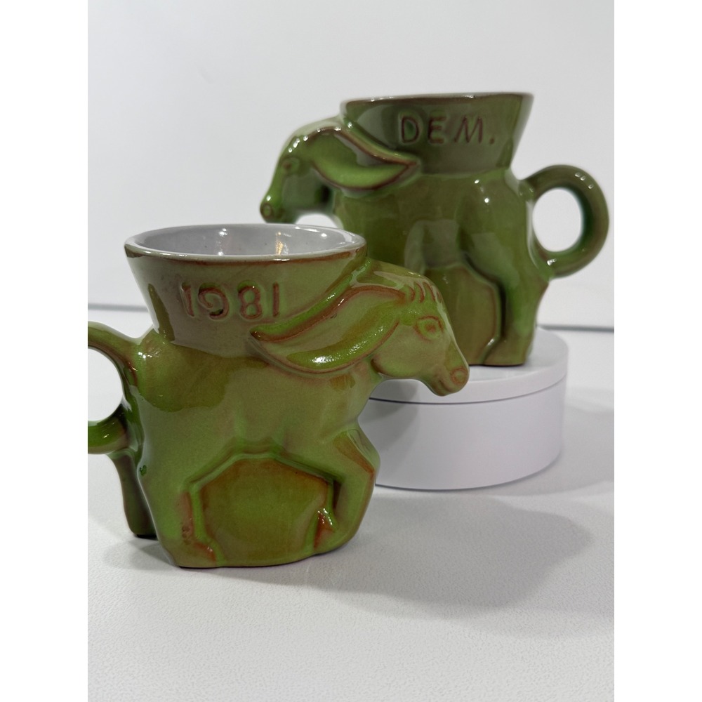 Frankoma Pottery 1981 Democratic Donkey Mugs Set of 2 Green Glaze DG05-739